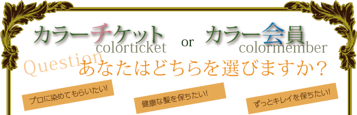 カラーチケット[coolor ticket]　or　カラー会員[color member]Questionあなたはどちらを選びますか？｜プロに染めてもらいたい！　健康な髪を保ちたい！　ずっとキレイを保ちたい！